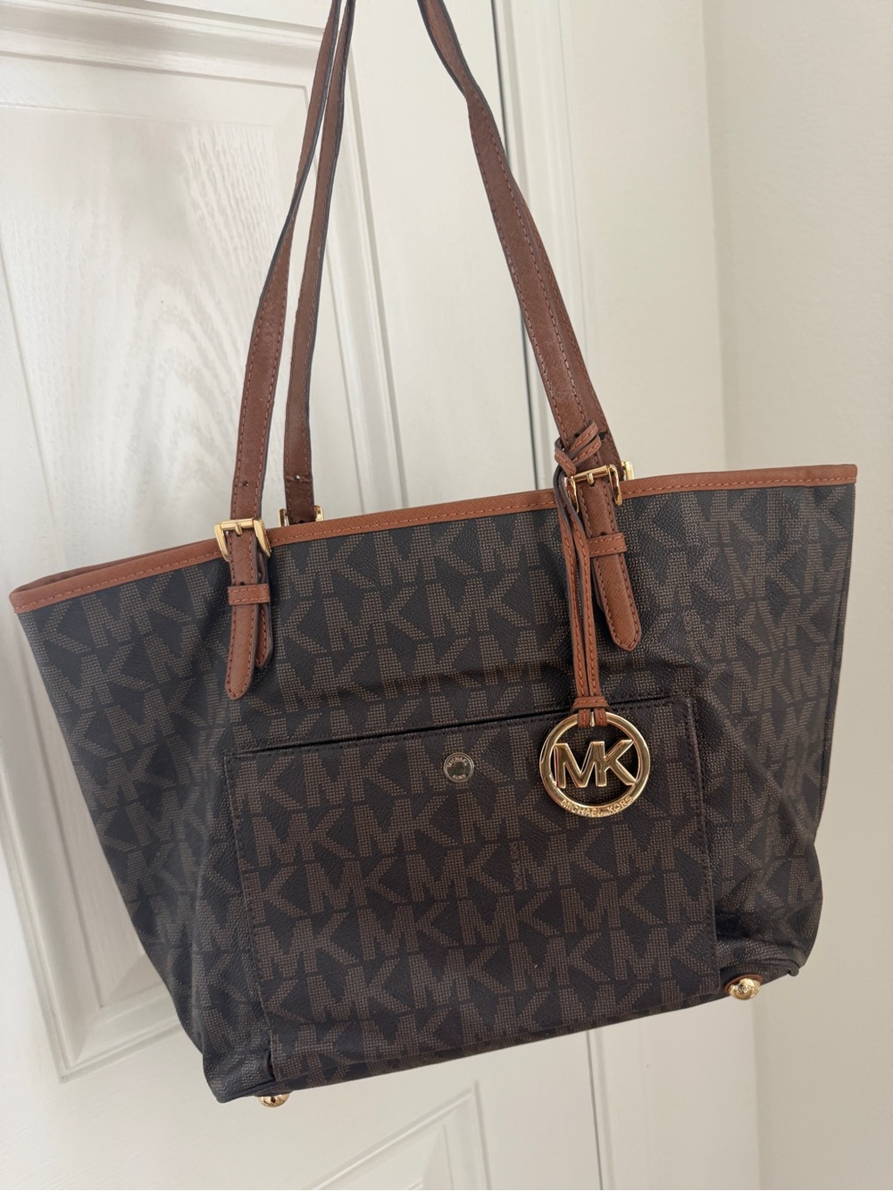 Michael Kors Brown Logo MK Tote with Gold Charm